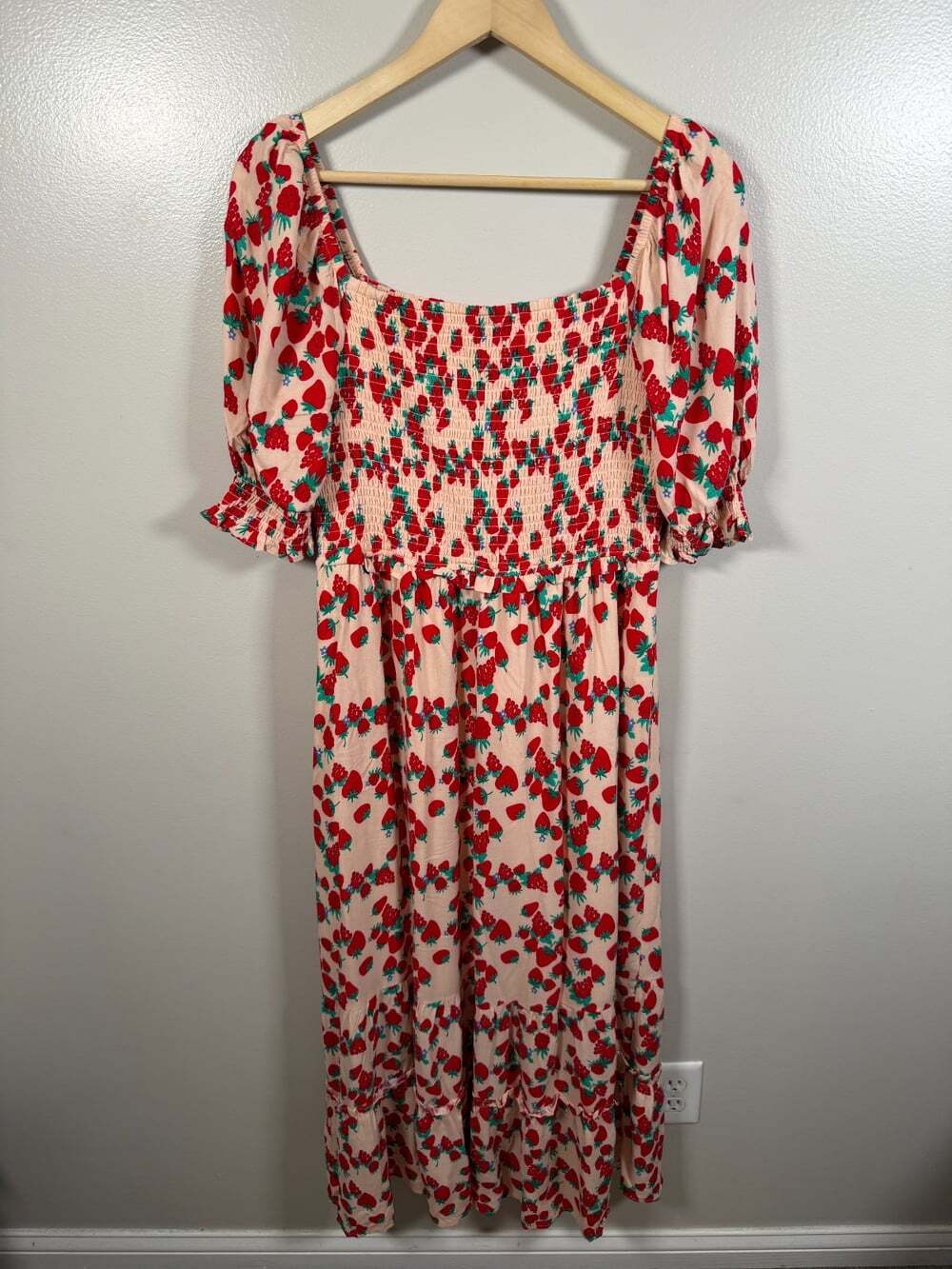 Betsey Johnson Strawberry Fields Smocked Maxi Dress Size Large Retro Coquette